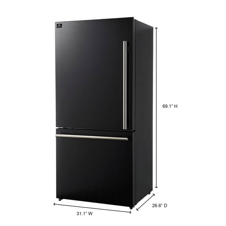 Forno Espresso 31" 17.2 Cu. Ft. Refrigerator and Bottom Freezer with Ice Maker in Black and Antique Brass Handles