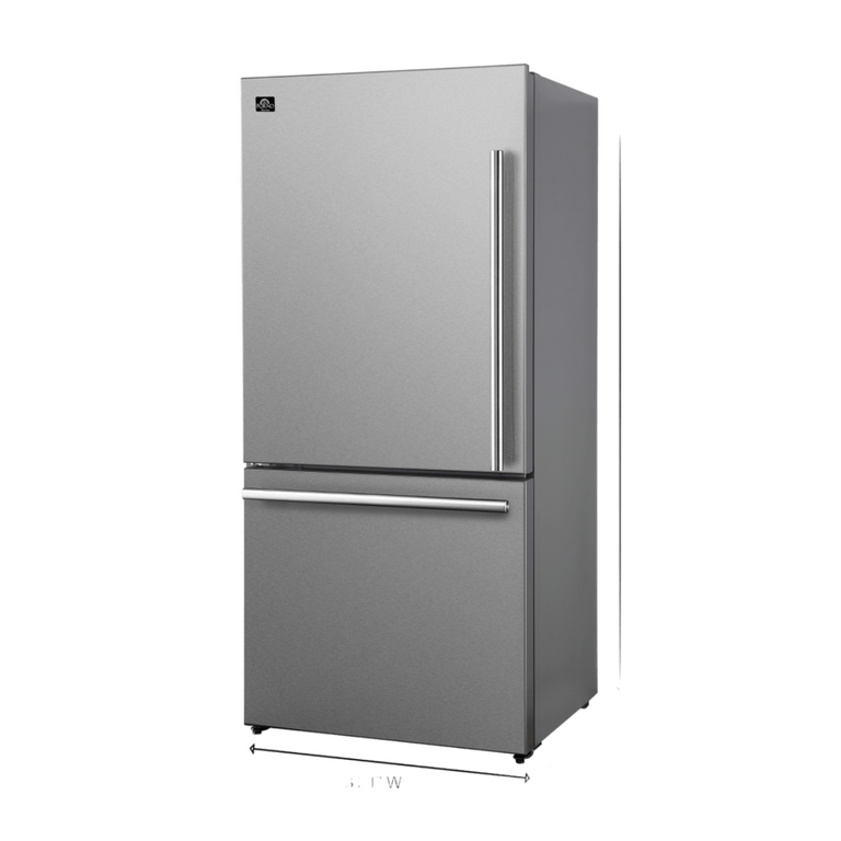 Forno Espresso 31" 17.2 Cu. Ft. Refrigerator and Bottom Freezer with Ice Maker in Stainless Steel and Antique Brass Handles