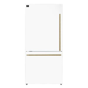 FORNO Espresso Milano 31" 17.2 cu. ft. Left Swing Refrigerator and Bottom Freezer with Ice Maker in White and Antique Brass Handles, FFFFD1786-31WHT
