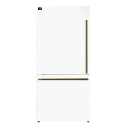FORNO Espresso Milano 31" 17.2 cu. ft. Left Swing Refrigerator and Bottom Freezer with Ice Maker in White and Antique Brass Handles, FFFFD1786-31WHT