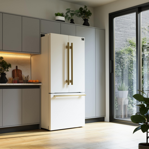 FORNO Espresso Package - 30" Electric Range, Wall Mount Range Hood, 30" Refrigerator and Dishwasher in White with Antique Brass Accents, AP4-6012WHT-A16