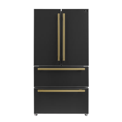 FORNO Espresso Moena 36" 19.2 cu. ft. Counter Depth Refrigerator with Ice Maker in Black with Antique Brass Handles, FFRBI1820-36BLK