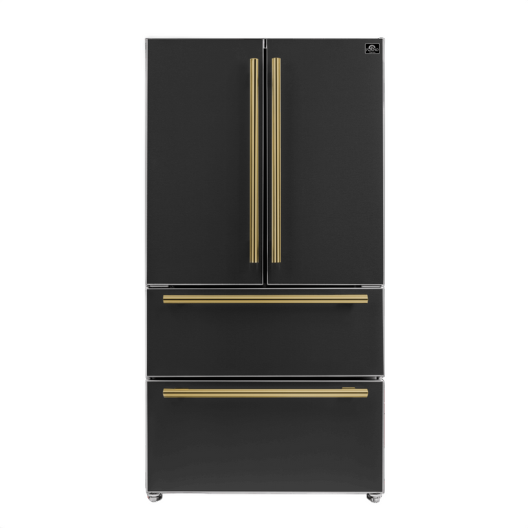 Forno Espresso 36" 19.2 cu. ft. Refrigerator in Black with Antique Brass Handles, FFRBI1820-36BLK