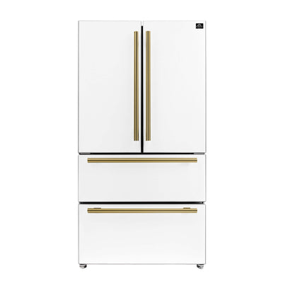 FORNO Espresso Moena 36" 19.2 cu. ft. Counter Depth Refrigerator with Ice Maker in White with Antique Brass Handles, FFRBI1820-36WHT