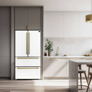 FORNO Espresso Package - 30" Electric Range, Range Hood, Refrigerator and Dishwasher in White with Antique Brass Handles