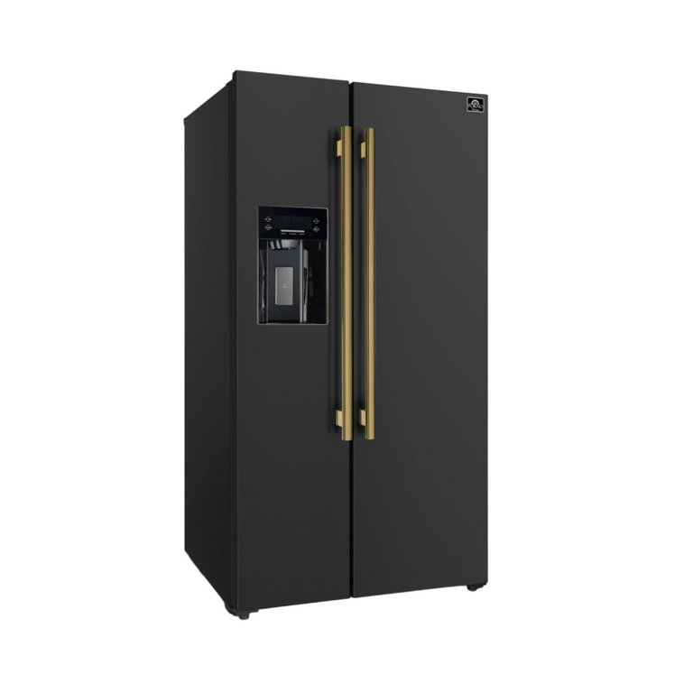 Forno Espresso 36" 20 Cu. Ft. Side-By-Side Refrigerator with Water and Ice Dispenser in Black with Antique Brass Handles