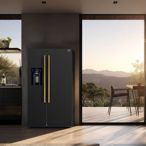 FORNO Espresso Package - 30" Gas Range, Over-The-Range Microwave, 36" Refrigerator with Water Dispenser/Ice Maker and Dishwasher in Black with Antique Brass Accents, AP4-1116BLK-A14