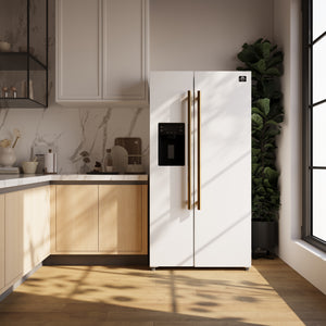 FORNO Espresso Salerno 36" 20 cu. ft. Side-By-Side Refrigerator with Water and Ice Dispenser in White with Antique Brass Handles