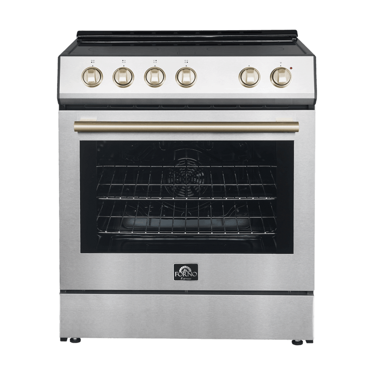 Forno Espresso Package - 30" Electric Range and Range Hood in Stainless Steel with Antique Brass Handles, AP-FFSEL6012-30-A-A1