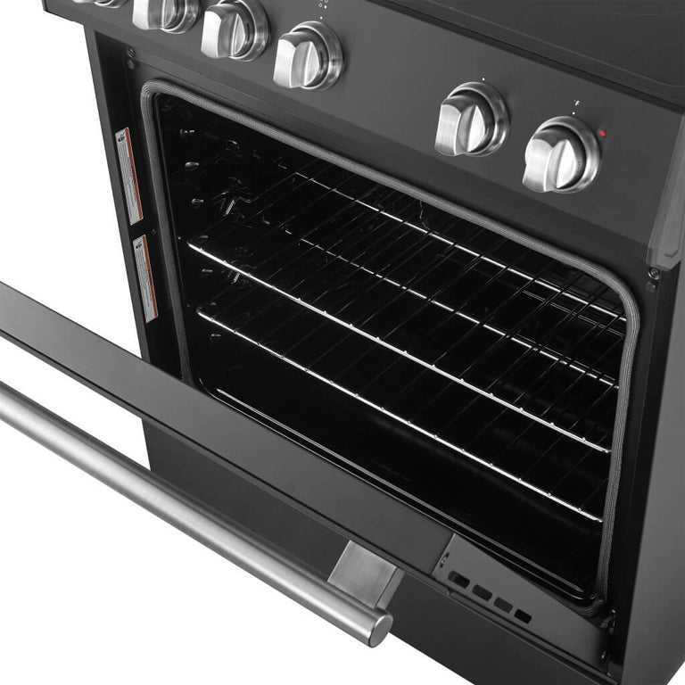 Forno Espresso Package - 30" Electric Range, Range Hood and Refrigerator in Black with Silver Handles, AP-FFSEL6012-30BLK-S-A5