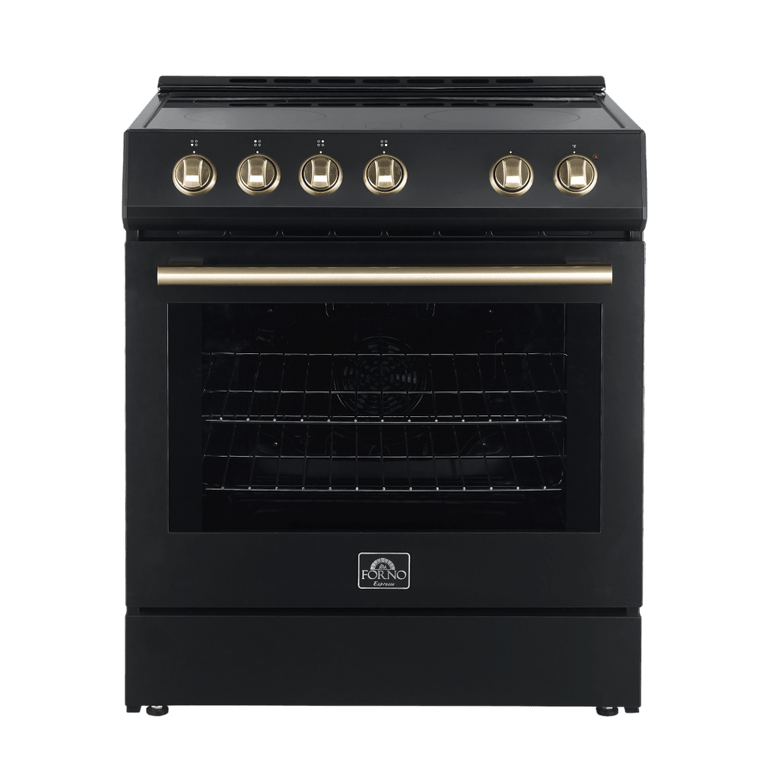 Forno Espresso Package - 30" Electric Range, Range Hood and Refrigerator in Black with Antique Brass Handles, AP-FFSEL6012-30BLK-A-A7