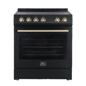 FORNO Espresso Package - 30" Electric Range, Refrigerator and Dishwasher in Black with Antique Brass Handles