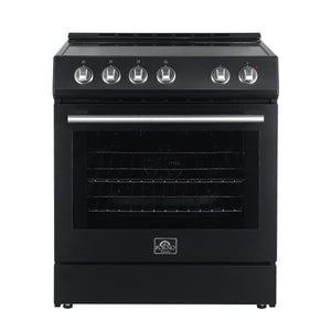 FORNO Espresso Package - 30" Electric Range, Over-The-Range Microwave, 36" Refrigerator with Ice Maker and Dishwasher in Black with Stainless Steel Accents, AP4-6012BLK-S12