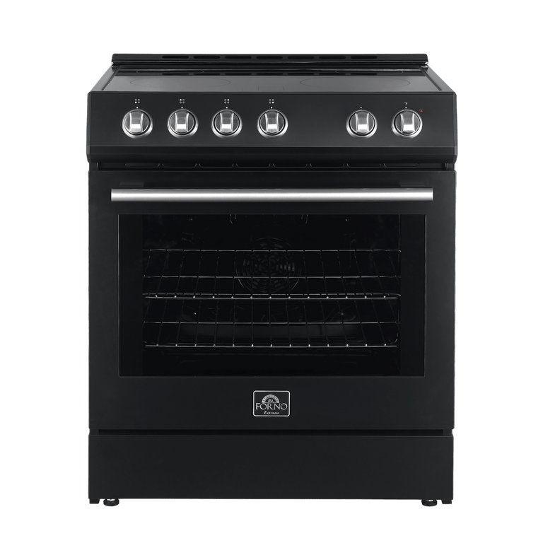Forno Espresso Package - 30" Electric Range, Range Hood and Refrigerator in Black with Silver Handles, AP-FFSEL6012-30BLK-S-A7
