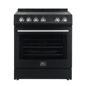 FORNO Espresso Package - 30" Electric Range, Range Hood, Refrigerator and Dishwasher in Black with Silver Handles, FBDL-006-02US
