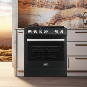 FORNO Espresso Package - 30" Electric Range, Range Hood and Refrigerator in Black with Silver Handles