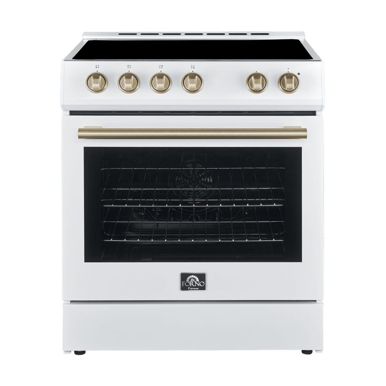 Forno Espresso Package - 30" Electric Range and Range Hood in White with Antique Brass Handles, AP-FFSEL6012-30WHT-A-A3