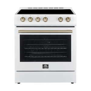 FORNO Espresso Package - 30" Electric Range, Over-The-Range Microwave and Dishwasher in White with Antique Brass Accents, AP3-6012WHT-A9