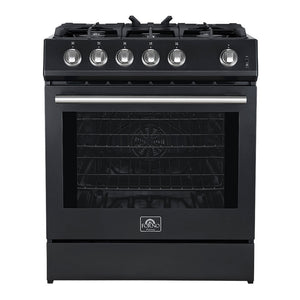 FORNO Espresso Package - 30" Gas Range, Over-The-Range Microwave and Dishwasher in Black with Stainless Steel Accents, AP3-1116BLK-S10