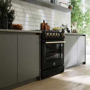 FORNO Espresso Package - 30" Gas Range, Wall Mount Range Hood, 36" Refrigerator with Ice Maker and Dishwasher in Black with Antique Brass Accents, AP4-1116BLK-A15