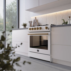 FORNO Paolo Package - 30" Electric Range, Over-The-Range Microwave, 30" Refrigerator with Ice Maker and Dishwasher in White with Antique Brass Accents, AP4-6011WHT-A13