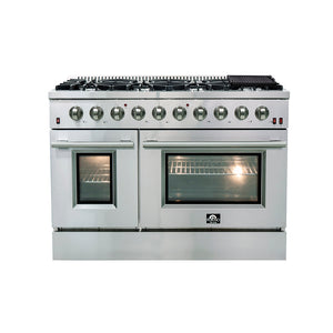 FORNO Galiano Package - 48" Chef Door Gas Range, Range Hood, 46.8" Refrigerator with Bottom Freezer and Ice Maker, Dishwasher, 24" Microwave Drawer in Stainless Steel, AP-FFSGS6244-48-D