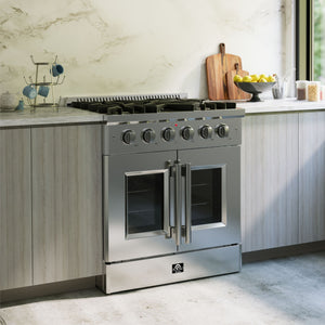 FORNO Galiano Package - 30" French Door Gas Range, Range Hood, 36" Refrigerator with Ice Maker, Dishwasher, 24" Microwave Drawer in Stainless Steel, AP-FFSGS6444-30-C