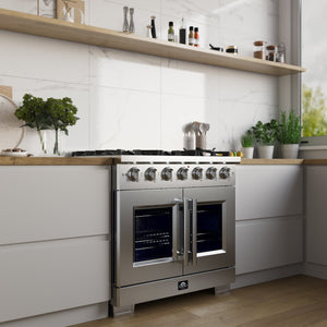 FORNO Appliance Package - 36" French Door Gas Range, Range Hood, 36" Refrigerator with Ice Maker, Dishwasher in Stainless Steel, AP-FFSGS6460-36-A