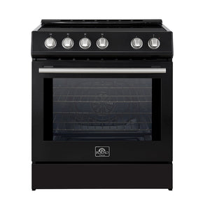 FORNO Espresso Package - 30" Induction Range, Over-The-Range Microwave, 30" Refrigerator with Ice Maker and Dishwasher in Black with Stainless Steel Accents, AP4-0982BLK-S13