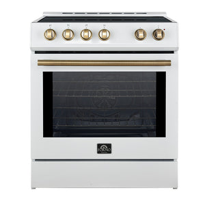 FORNO Espresso Leonardo 30" 5 cu. ft. Induction Range with Knob Control in White and Antique Brass Accents, FFSIN0982-30WHT