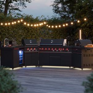 FORNO All’Aperto Outdoor Kitchen Set - 99,600 BTU Gas Grill with 5 Burners + Side Burner, Gas Pizza Oven, Sink Module/Beverage Center with Black Sintered Stone Countertop