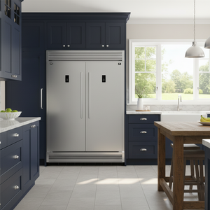 Modern kitchen with navy cabinets, stainless steel refrigerator, and wooden table.