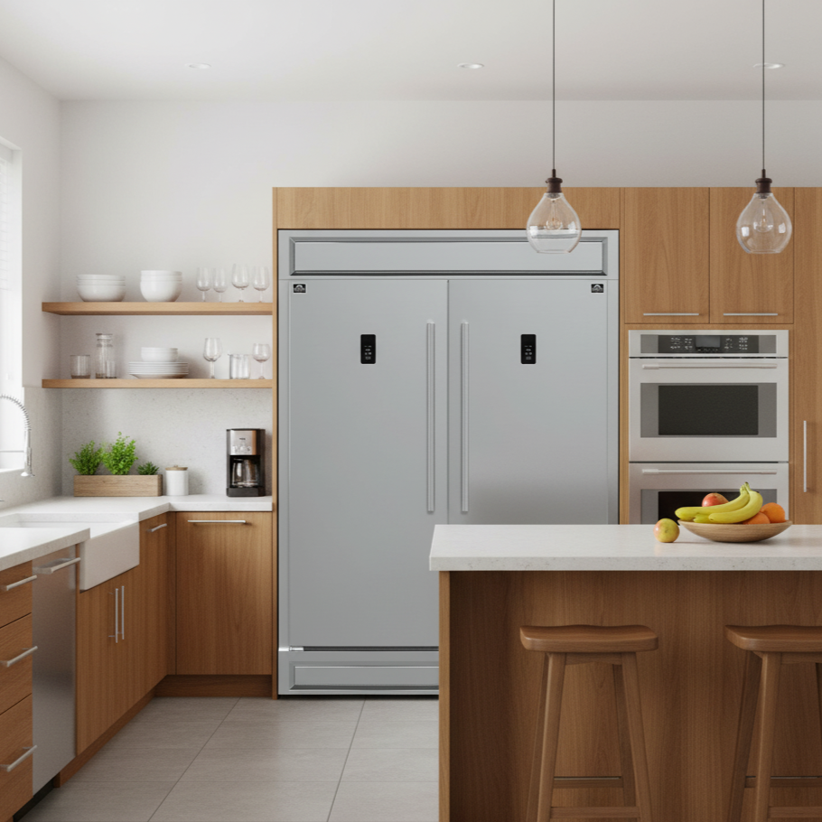 Modern kitchen with stainless steel refrigerator and oven, wooden cabinets, and a countertop with fruit.
