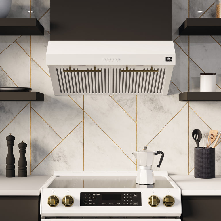 Forno Espresso Package - 30" Electric Range and Range Hood in White with Silver Handles, AP-FFSEL6012-30WHT-S-A3