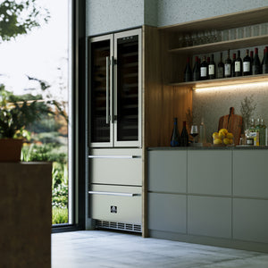 FORNO Campania 32" 120 Bottle Triple Zone French Door Wine Cooler with 2 Beverage Drawers, FWCDR6635-32S