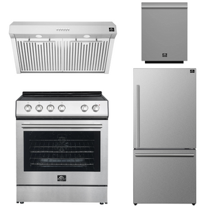 FORNO Espresso Package - 30" Electric Range, Range Hood, Refrigerator and Dishwasher in Stainless Steel with Silver Handles