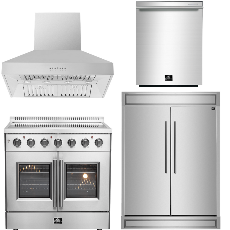 Forno Package - 36" Electric French Door Range, Wall Mount Range Hood, Refrigerator and Dishwasher, AP-FFSEL6917-36-4PK-1