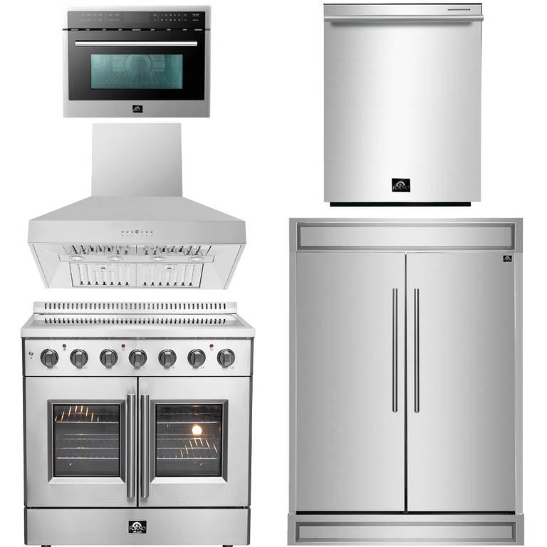 Forno Package - 36" Electric French Door Range, Wall Mount Range Hood, Refrigerator, Dishwasher and Microwave, AP-FFSEL6917-36-5PK-1