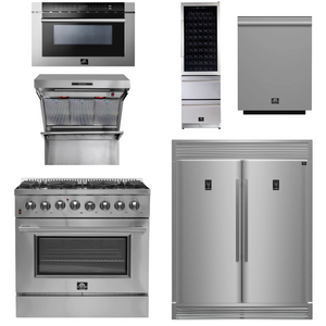 Forno Appliance Package - 36 Inch Dual Fuel Range, Range Hood, Refrigerator, Microwave Drawer, Dishwasher, Wine Cooler, AP-FFSGS6156-36-9