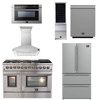 Forno Package - 48" Dual Fuel Range, Range Hood, 36" Refrigerator, Dishwasher, Microwave, Wine Cooler