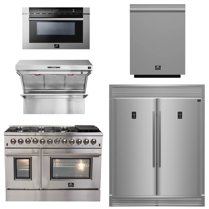 FORNO Package - 48 Inch Dual Fuel Range, Wall Mount Range Hood, Refrigerator, Microwave Drawer, Dishwasher, AP-FFSGS6156-48-8