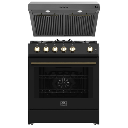 Forno Espresso Package - 30" Gas Range and Under Cabinet Range Hood in Black with Antique Brass Accents