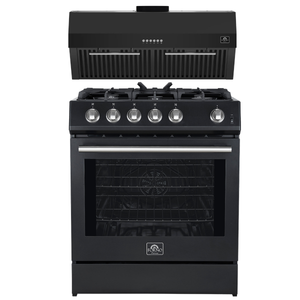 FORNO Espresso Package - 30" Gas Range and Under Cabinet Range Hood in Black with Silver Accents
