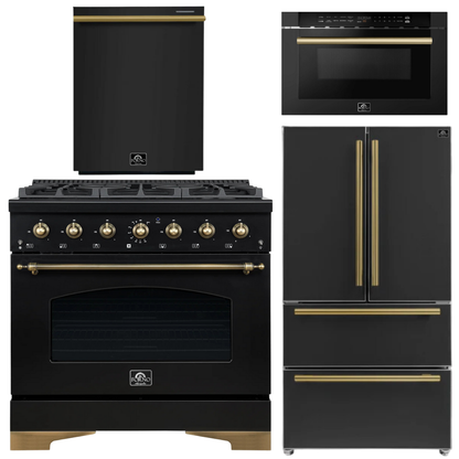 Forno Espresso Antico Package - 36" Gas Range, 36" Refrigerator with Ice Maker, Dishwasher and 24" Microwave Drawer in Black with Antique Brass Accents