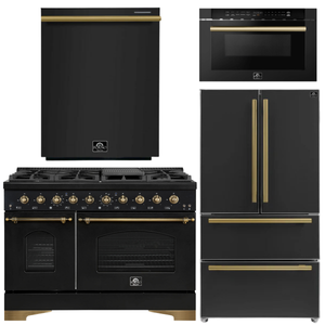 FORNO Antico Package - 48" Gas Range, 36" Refrigerator with Ice Maker, Dishwasher and 24" Microwave Drawer in Black with Antique Brass Accents