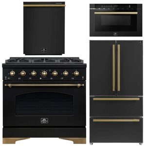 FORNO Antico Package - 36" Dual Fuel Range, 36" Refrigerator with Ice Maker, Dishwasher and 24" Microwave Drawer in Black with Antique Brass Accents