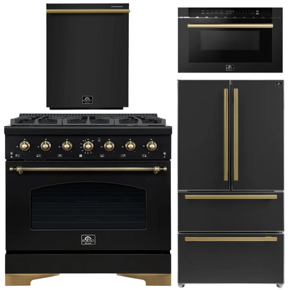 Forno Espresso Antico Package - 36" Dual Fuel Range, 36" Refrigerator with Ice Maker, Dishwasher and 24" Microwave Drawer in Black with Antique Brass Accents