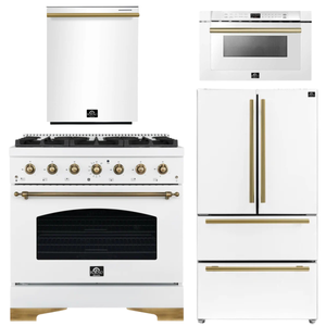 FORNO Antico Package - 36" Dual Fuel Range, 36" Refrigerator with Ice Maker, Dishwasher and 24" Microwave Drawer in White with Antique Brass Accents