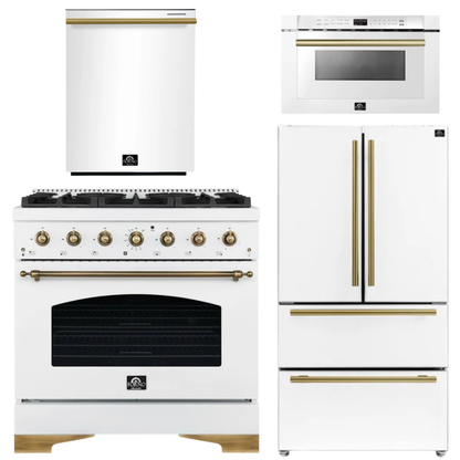 Forno Espresso Antico Package - 36" Dual Fuel Range, 36" Refrigerator with Ice Maker, Dishwasher and 24" Microwave Drawer in White with Antique Brass Accents