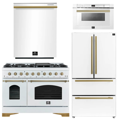 Forno Espresso Antico Package - 48" Gas Range, 36" Refrigerator with Ice Maker, Dishwasher and 24" Microwave Drawer in White with Antique Brass Accents